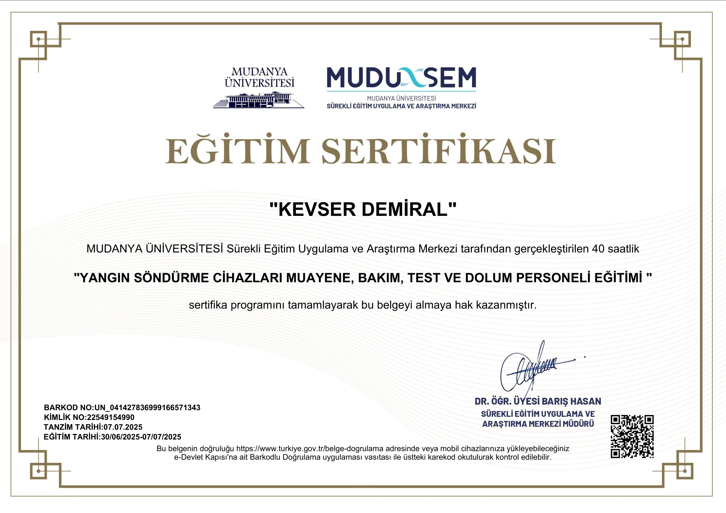 Dolum Bakım Sertifikası - Kevser Demiral